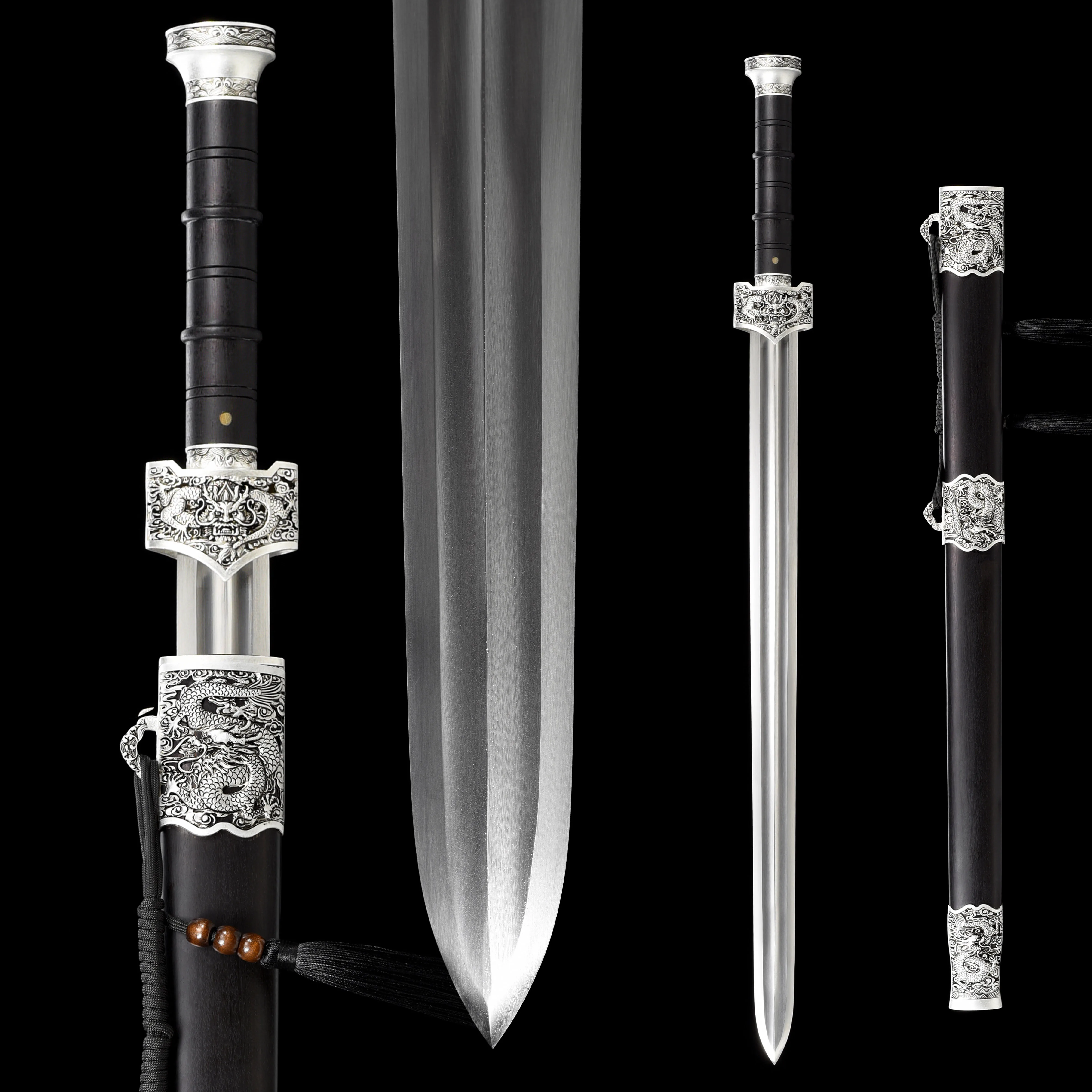 93cm Medieval China Silver Moon Dragon King Sword Real Steel hand-sharpened Sharp samurai Sword katana Weapons Shirasaya Wooden