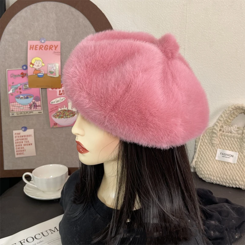 New Sweet Faux Rabbit Fur Beret Hat Women Autumn Winter Thicken Keep Warm Furry Flush Artist Flat Cap Solid Color Painter Hats