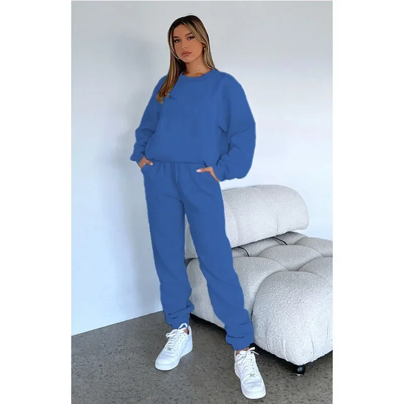 Women Pants Set Two Piece Sets Round Neck Tracksuit Sport Thick Tops Jogger Loose Casual Splice Straight Long Autumn Winter