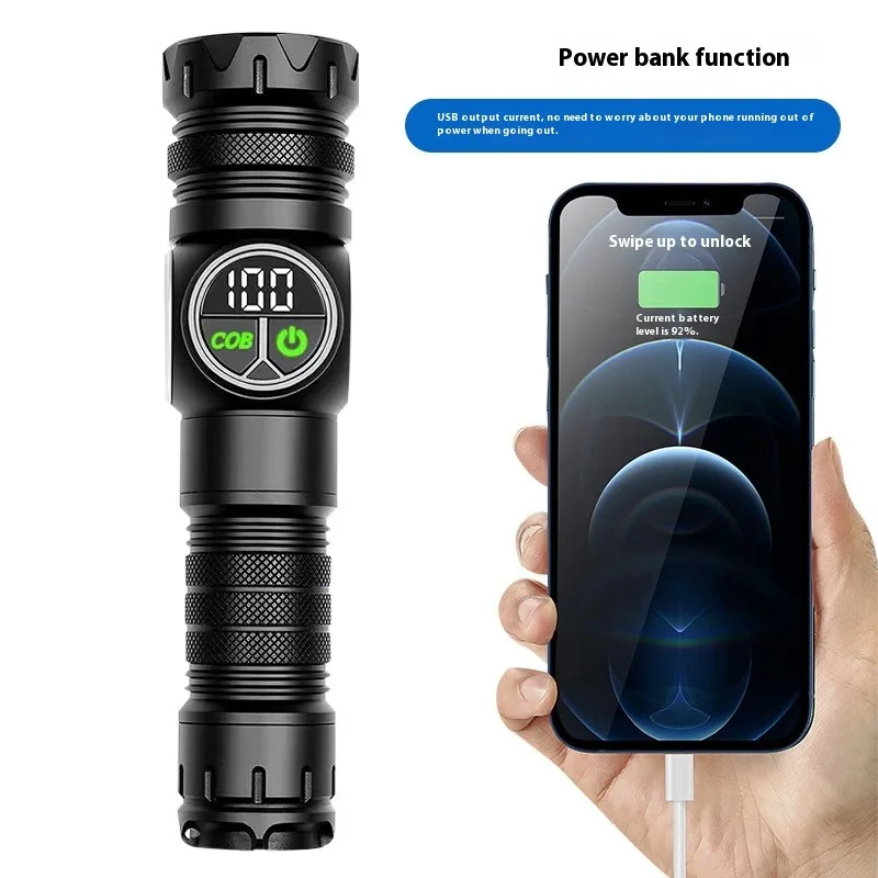 مصباح يدوي LED جديد عبر الحدود - COB + ليزر أبيض، تكبير طويل المدى للتخييم والإضاءة الخارجية ﻿