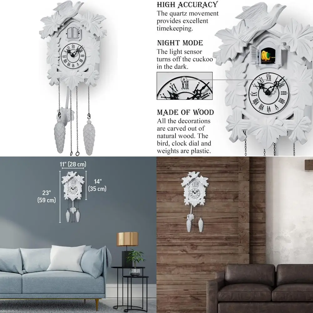 Reloj de cuco blanco tallado a mano con modo nocturno, péndulo oscilante y decoraciones detalladas para elegancia de cronometraje