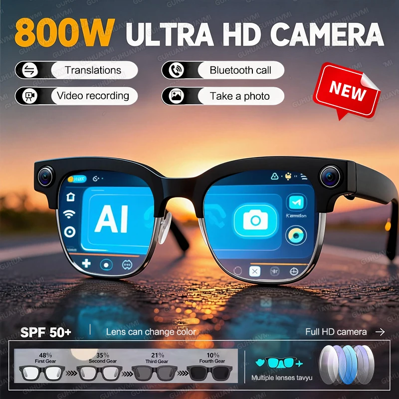 2026 800W Pixel Camera Smart Glasses HD Photo Video Translation Photochromic Glasses Call Music Multifunction Smart Sunglasses