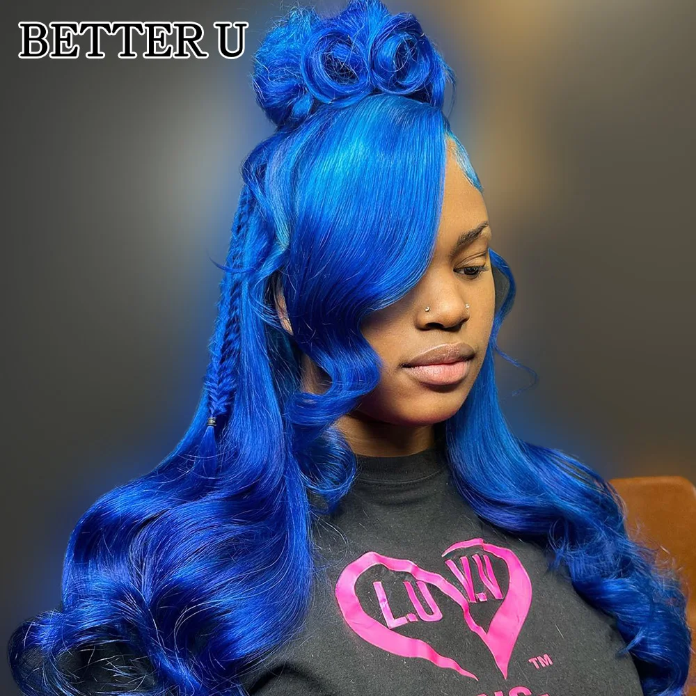 Blue Human Hair Body wave 13X6 Lace Front Pre-Stretched Wig Transparent Lace Front Wig 13x4 High Gloss Wig 250 Density