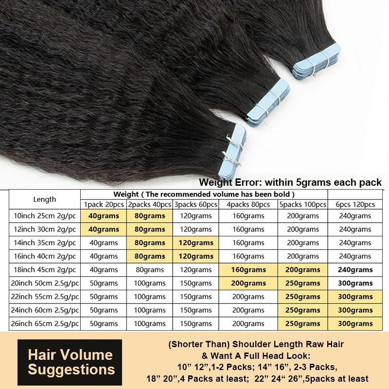 Kinky Straight Tape in Human Hair Extensions Yaki Tape Ins Cuticle Remy Natural Black 1B 20PCS/pack With Free Glue