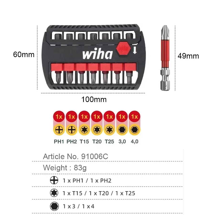 WIHA-Jeu d'embouts de tournevis magnétiques, embouts hexagonaux avec étui à outils, jeu d'embouts à impact à haute torsion, outil à main, 49mm Phllips Torx, 91007C, 7 pièces