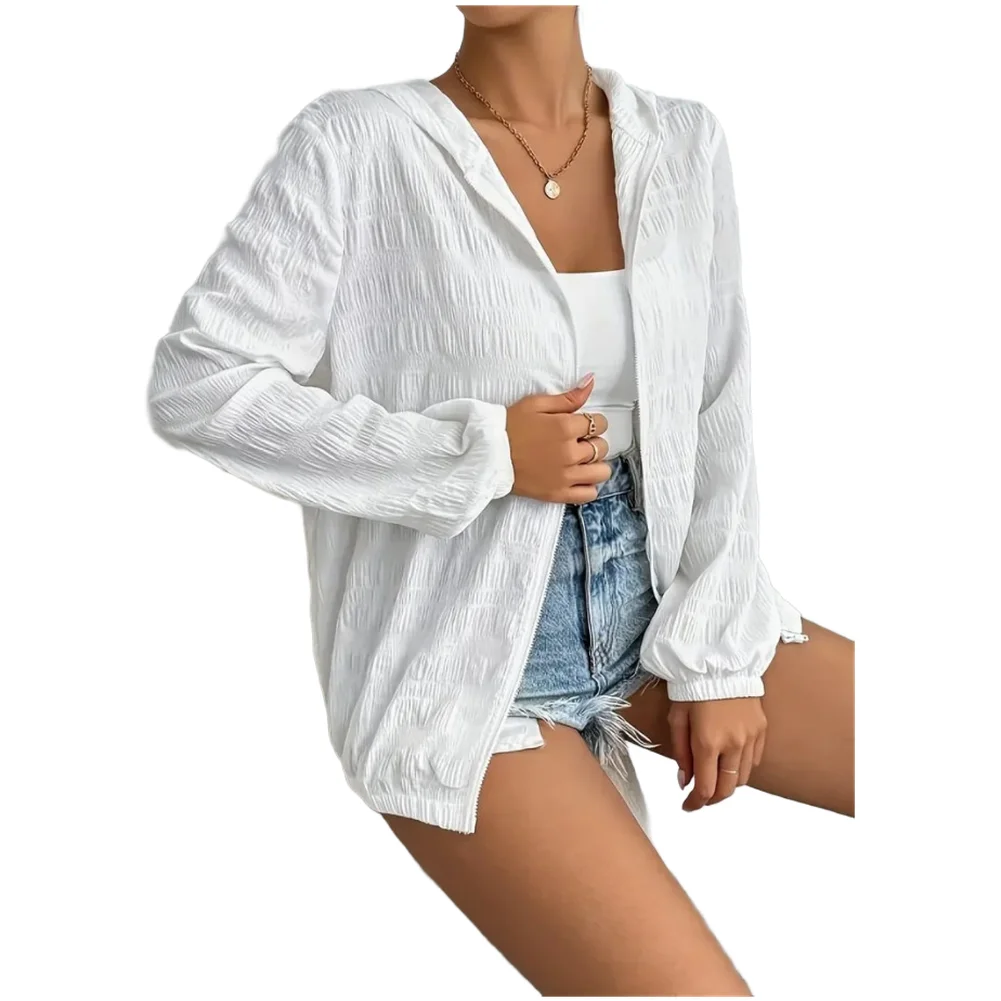 Womens Hooded Cardigan Jacket Solid Color Long Sleeve Zip Up Lightweight Casual Spring Coat Loose Fit Regenerated Cellulose