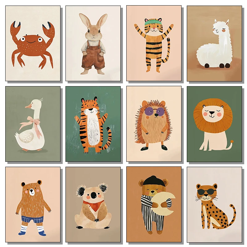 Cute Cartoon Animals Frog Tiger Rabbit Illustrations Poster Canvas Paintings And Prints Wall Art Picture Kindergarten Home De