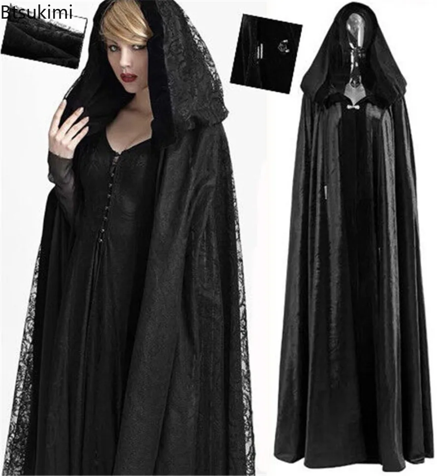 

2026 New Women Halloween Black Lace Hooded Cloak Anime Cosplay Costume Halloween Wizard Witch Stage Performance Hooded Cloak