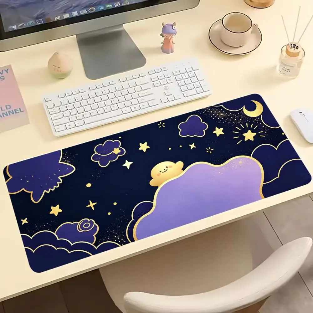 Cute Purple Star Cloud Print Gaming MousePad Large Desk Mat Anti-Slip Rubber Base Stitched Edge Keyboard Mat For Gamers Computer