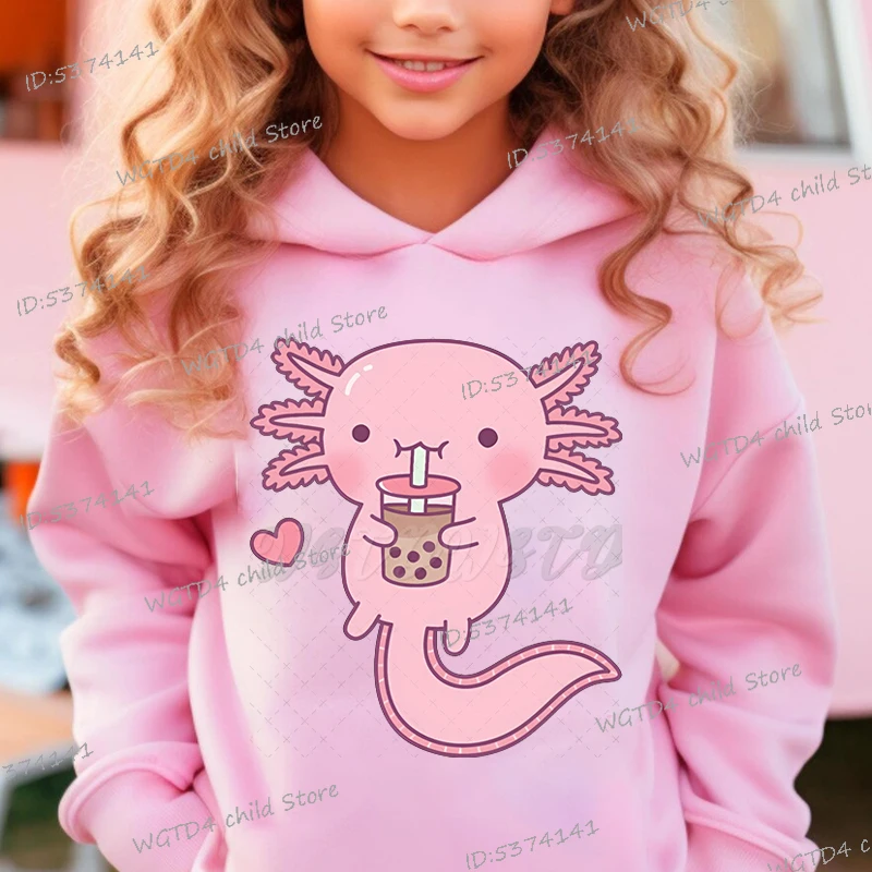 Kawaii Funny Pink Hoodie Axolotl Love Boba Milk Tea Print Hoody Spring Long Sleeve Children Clothing Cartoon Axolotl Sportswear