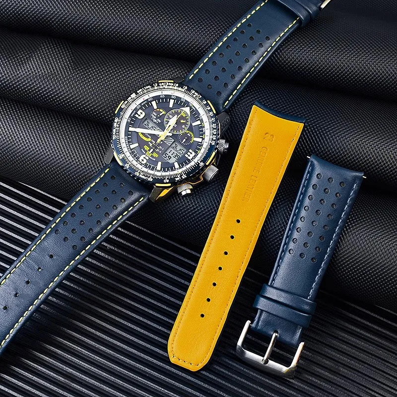 cowhide watch strap For CITIZEN Blue Angel Radio Wave Watch band AT8020-54L/8020-03L/JY8078 curved end Yellow 22mm 23mm bracelet view 3