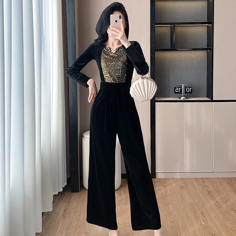 New Elegant Autumn Winter Velvet Patchwork Sequin Wide- Leg Jumpsuit Fashion Women O Neck Long Sleeve Pockets Party Rompers Pant