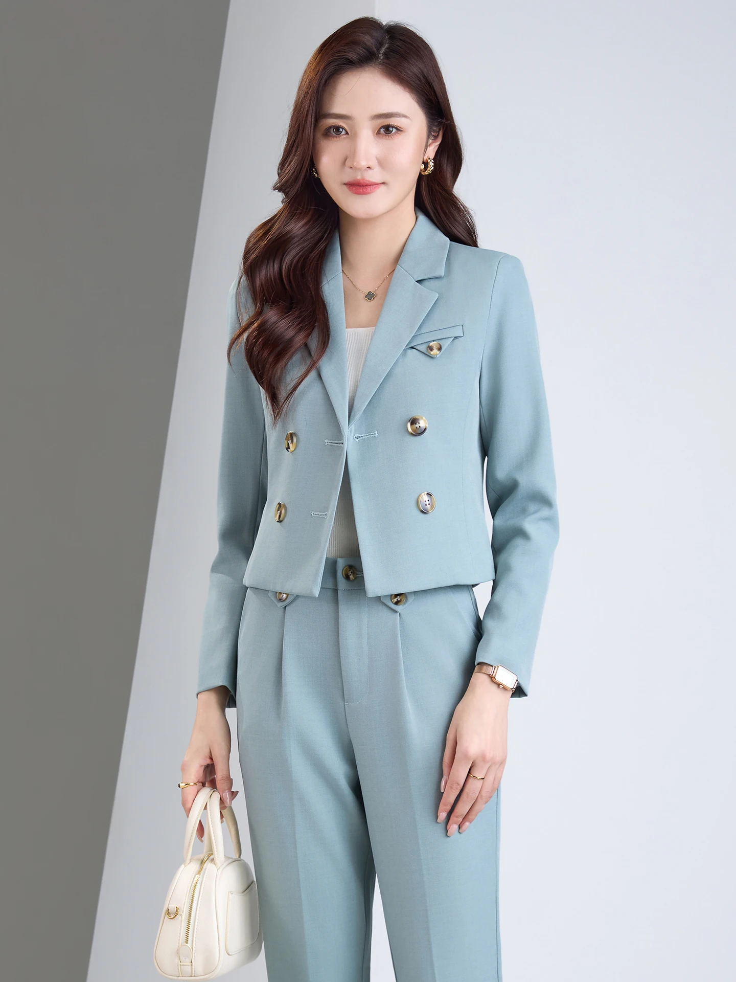 Light Blue Short Suit Jacket Women's Casual Set 2026 New Spring High-End Feelings Ladies' Suiting Outfits Commute Style Loose...