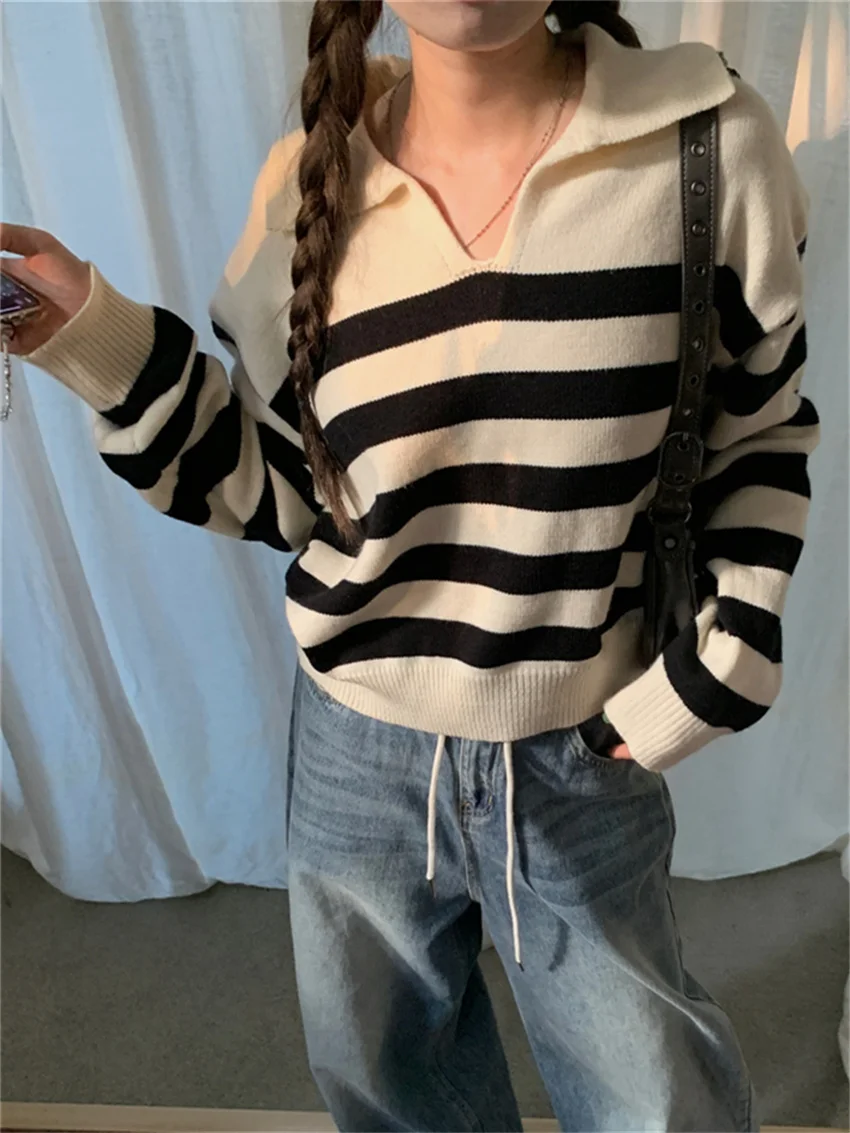 Alien Kitty Stylish Sweaters Office Lady Knitted Women Loose Autumn Daily Outwear 2023 OL Chic Pullovers Stripes Full Sleeve