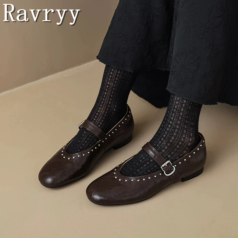 

Женские модные балетки Мэри Джейн в стиле ретро, осенние новые удобные повседневные модельные туфли на плоской подошве с круглым носком и заклепками