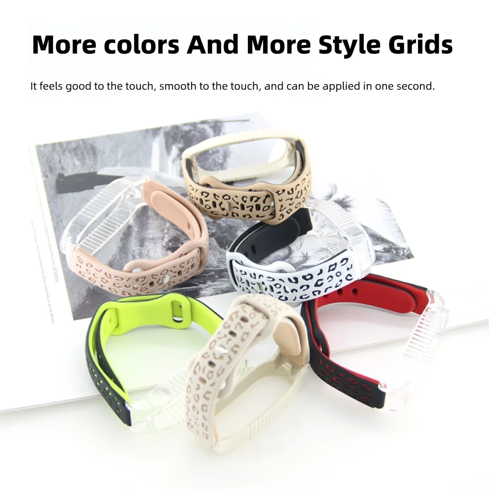 Tali Jam Tangan Silikon Motif Macan Tutul & Casing Pelindung untuk Xiaomi Band 3/4/5/6/7/8 Gelang Rilis Cepat Bernapas Pria Wanita