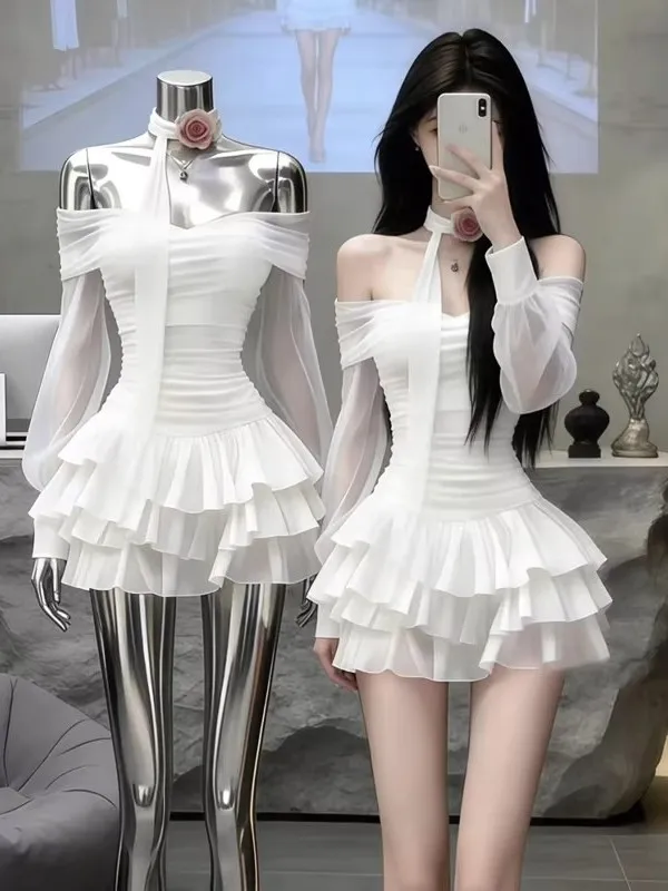 

White Korean Style One Shoulder Mesh Dress Women's Slim Fit Waist Cinched Cake Skirt Short Dress Fairy Tale Elegant