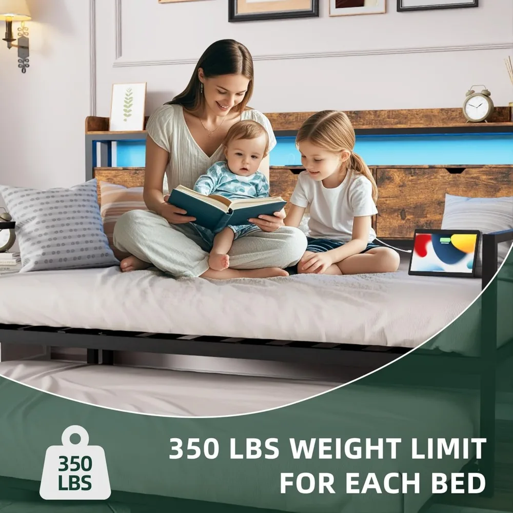 سرير نهاري مزدوج مع دولاب منبثق، سرير نهاري معدني مع قاعدة شحن، أضواء LED ولوح رأسي للتخزين، سرير أريكة مزدوج إلى كينج f #6