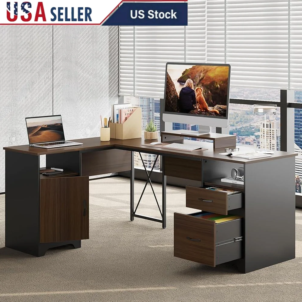 L Shaped Desk with File Drawers Storage Cabinet Monitor Stand Office Computer Desk Ergonomic Design Sturdy Construction