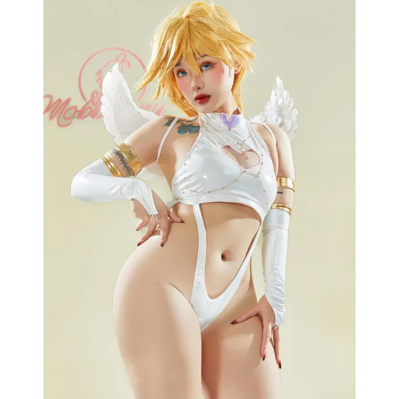 Mobbunny Women Stocking Derivative  Sexy Lingerie Set Hollow Halter Bodysuit and Mini Skirt with Wings Sleeves Cosplay Costume