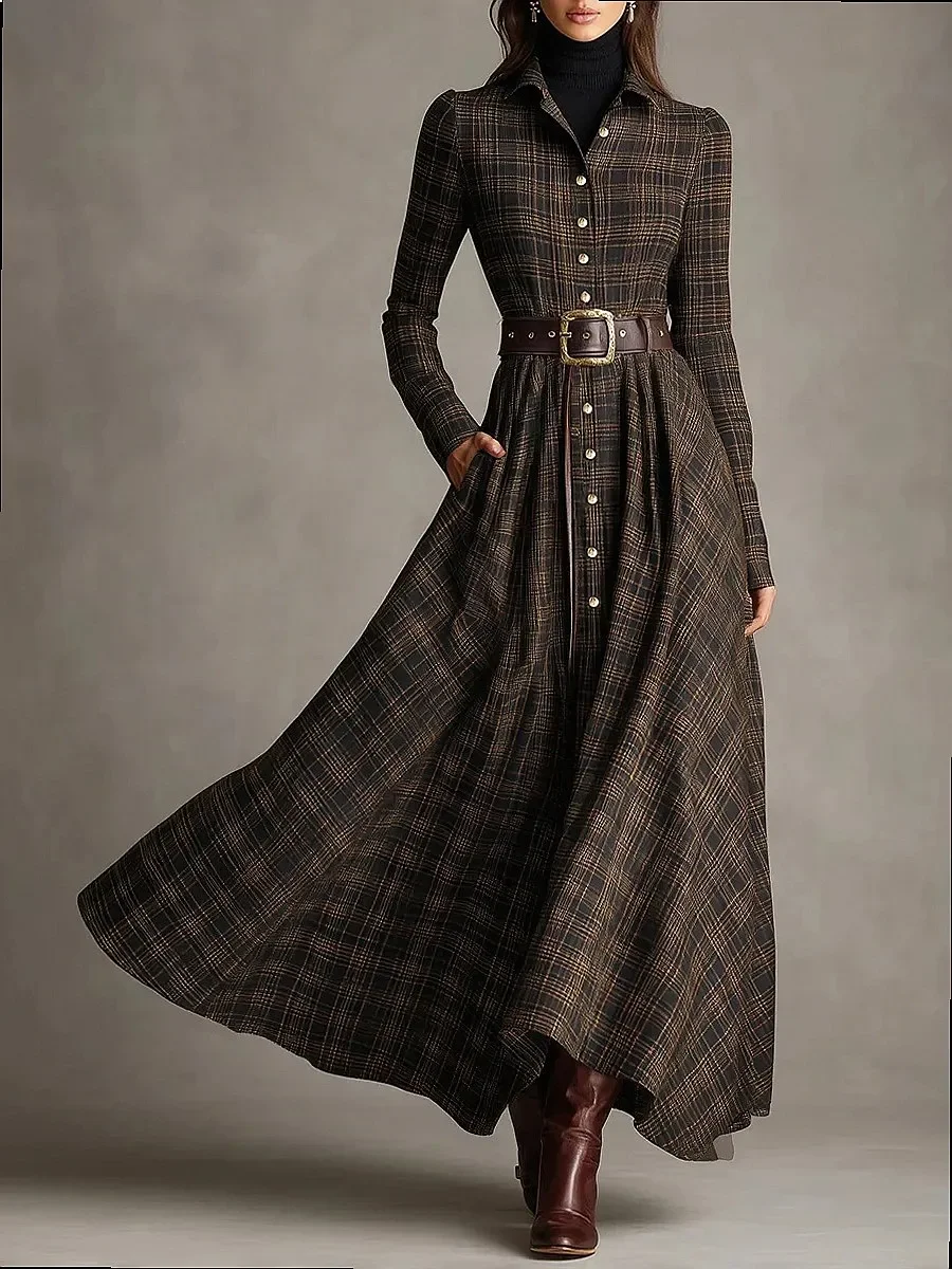 Vintage-Karo-Hemdkleid für Damen, langärmelig, mit Revers, Knopfleiste, Maxikleid mit Gürtel, elegantes, plissiertes, A-Linien-Swing-Kleid für den Herbst – Detail 6