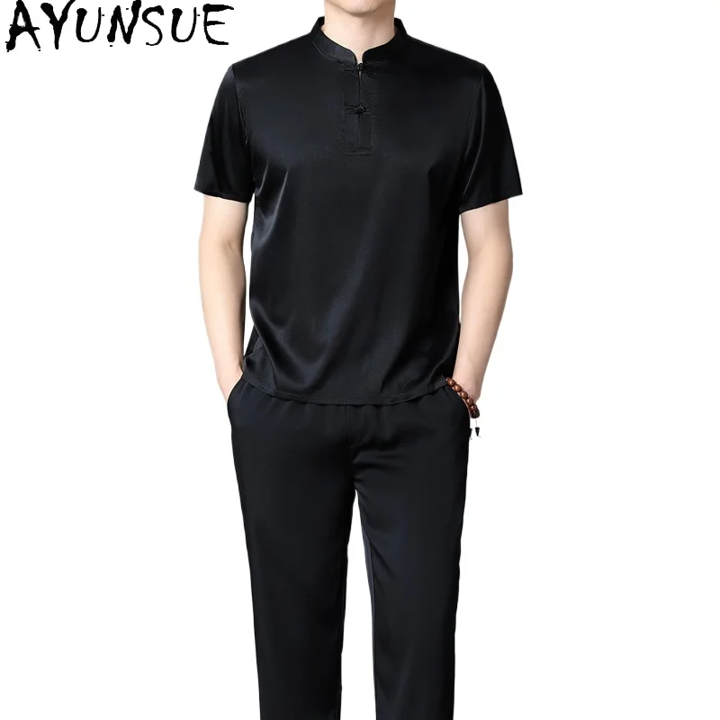 

AYUNSUE 100% Mulberry Silk T Shirt Men Summer 2 Piece Outfit Set Short Sleeve Casual Tops Loose Fit Conjunto Verano Hombre 2024