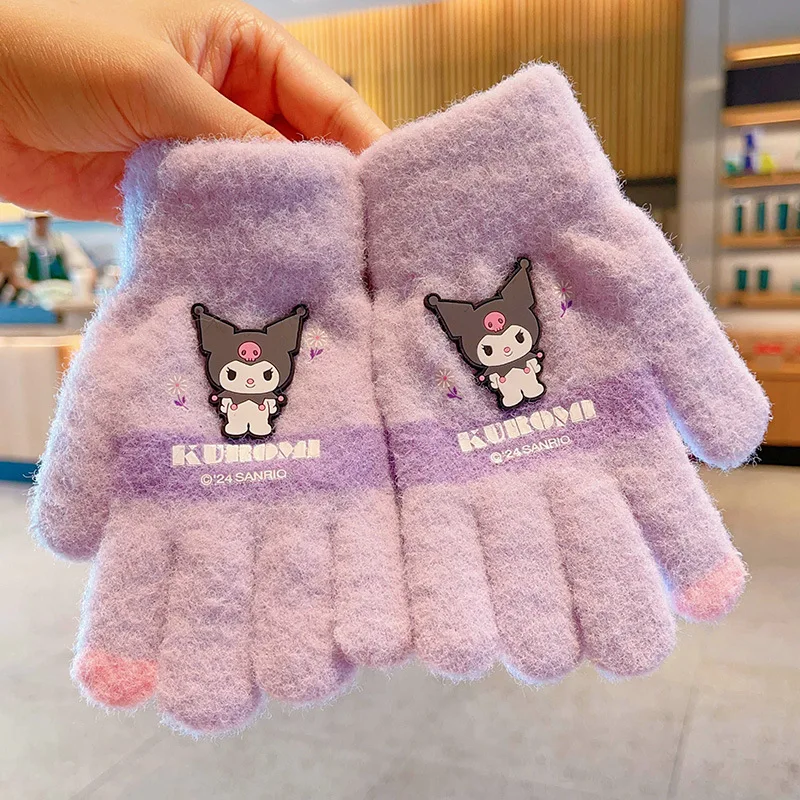 

New Sanrio Gloves Cartoon Figure Kuromi Kawaii Purple Children Pupil Knit Five-finger Fall Winter Warm Clothes Accessories Gifts