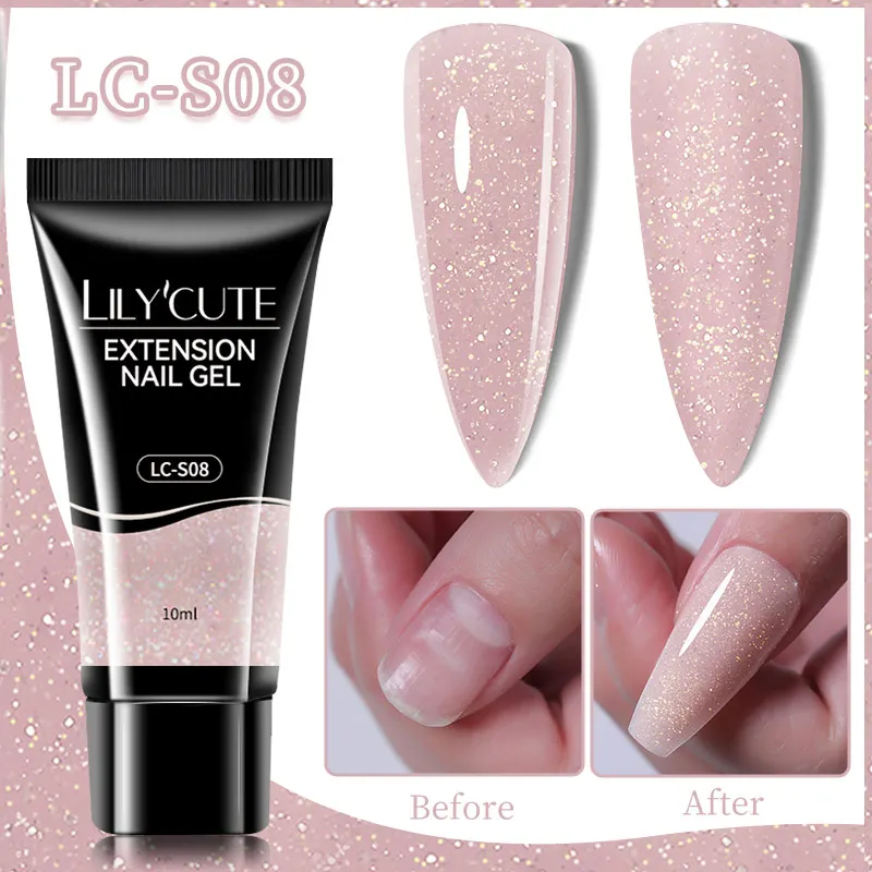 LILYCUTE 1 Stück Schnellverlängerungs-Gel-Nagel, nackt, rosa, Glitzer, Gebäude, Acryl, semi-permanent, Soak Off UV-LED-Nagellack, Nagelkunst-Lack