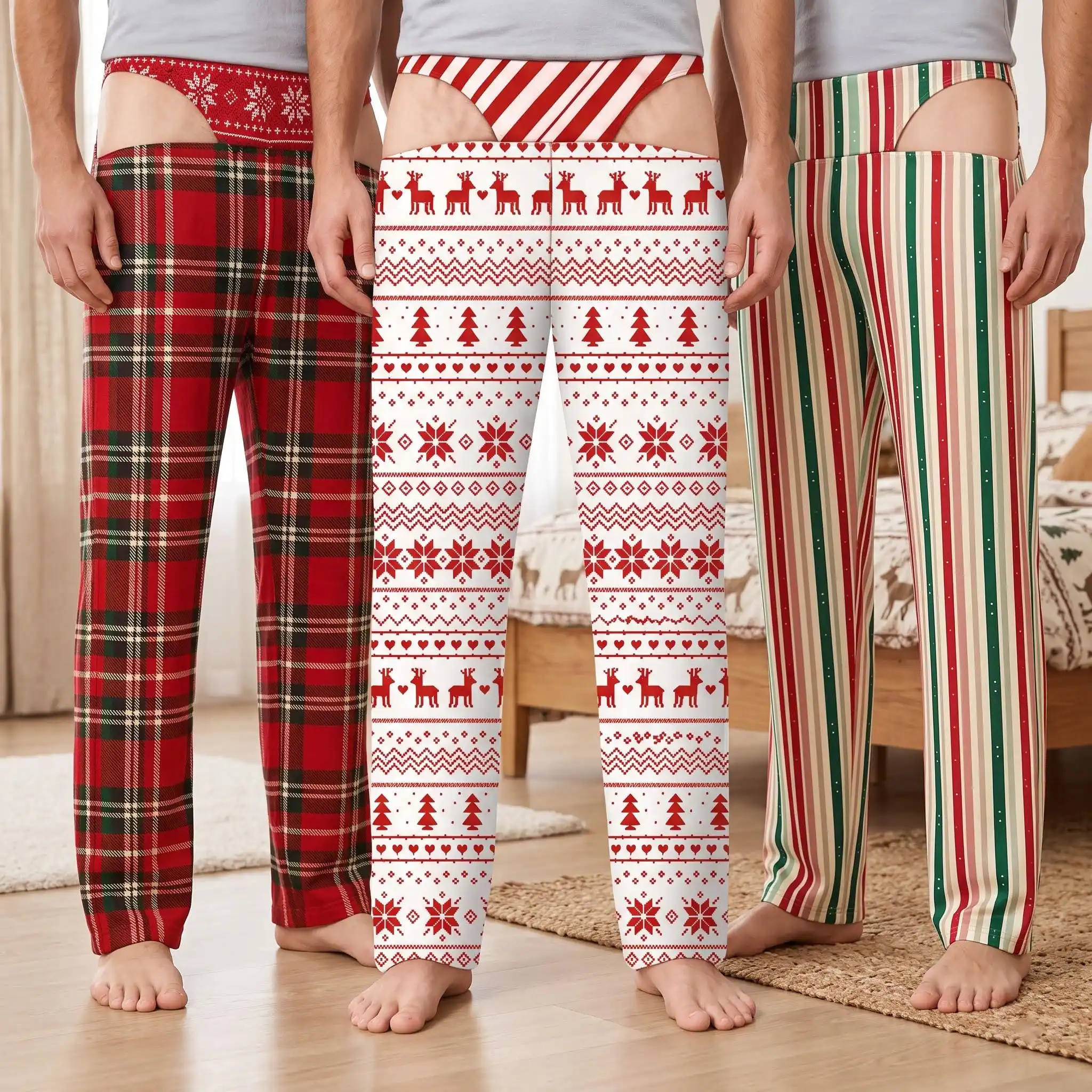 Funny Christmas Pajama Pants, Fake Underwear Illusion Plaid Bottoms Gag Gift Funny Husband Wife Xmas Gift Novelty Gag Gift