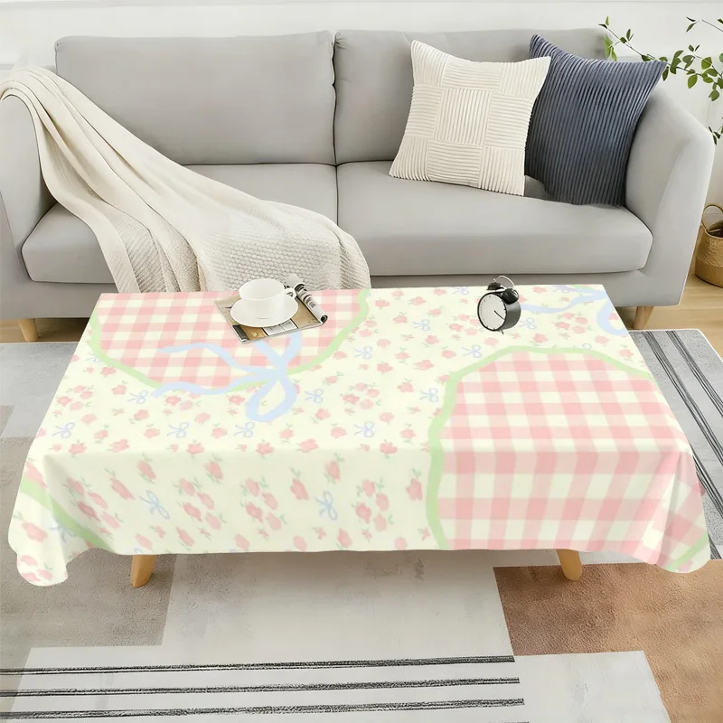 1pc Soft and stylish decorative tablecloth, pink checkered strawberry pattern, cute country style.