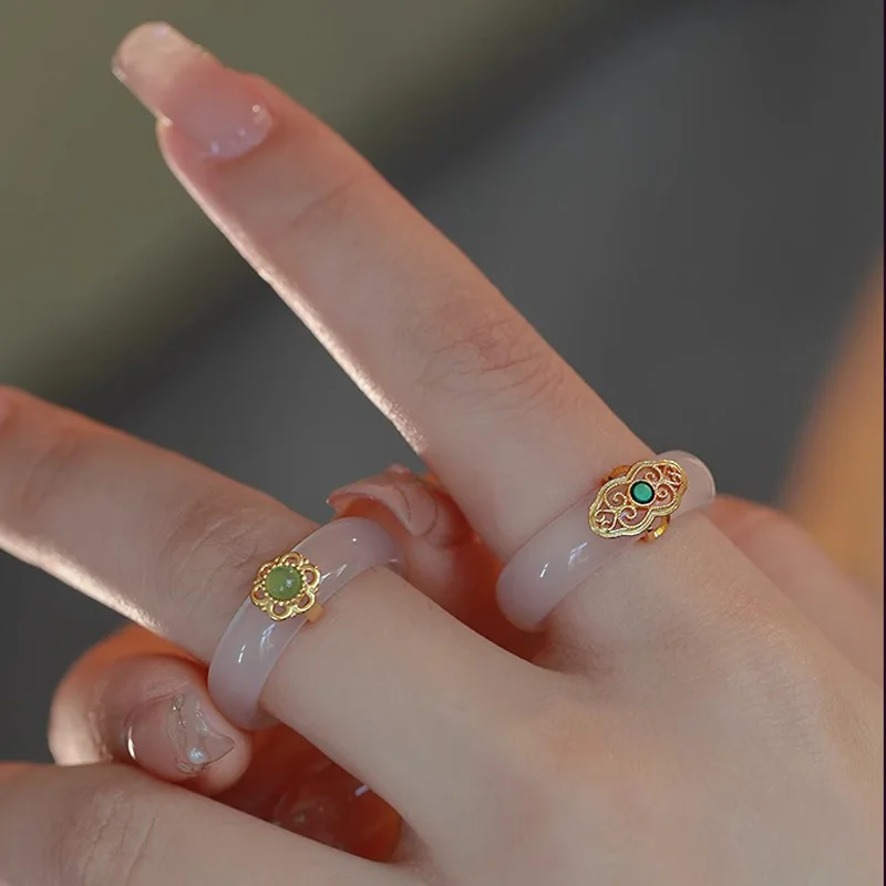 

S925 Sterling Silver Chalcedony Hotan Jade Ring for Woman Vintage Turquoise Jewelry Accessories Girls Dropshipping