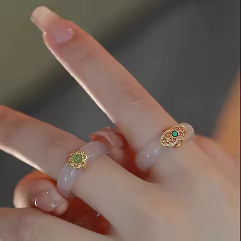 S925 Sterling Silver Chalcedony Hotan Jade Ring for Woman Vintage Turquoise Jewelry Accessories Girls Dropshipping