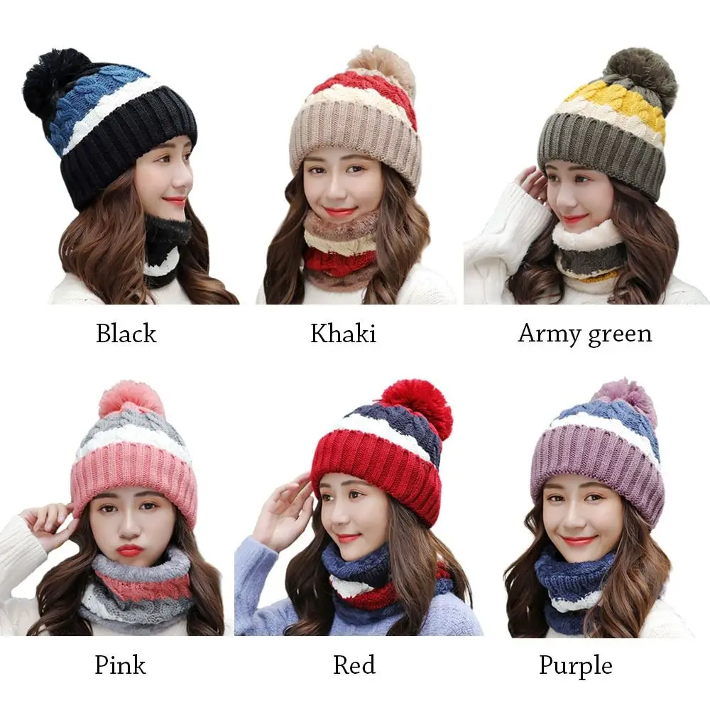 2PCS/Set Winter Women Wooly Thick Knit Woollen Hat And Scarf Set knitted Cap Neck Protection Windproof Hat