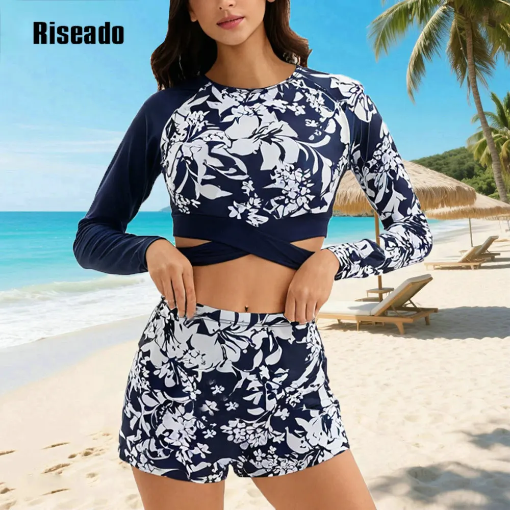 

Women's Fashion Pattern Long Sleeve Tankini Sets UPF 50+ Rash Guard Swimsuit Sun Block Swimwear Boyshorts Athletic Tankinis