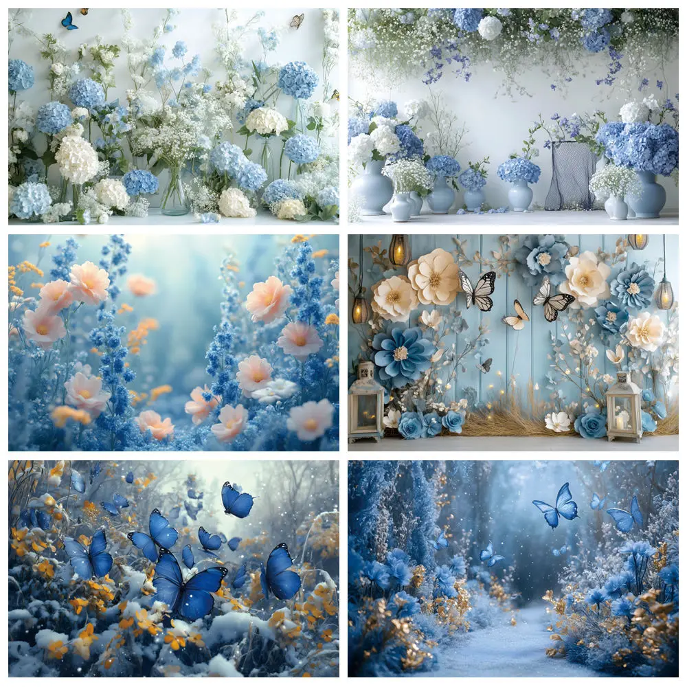 

Blue White Flowers Photography Backdrop Spring Garden Flowers Fantasy Floral Lanterns Baby Birthday Party Photo Background Decor