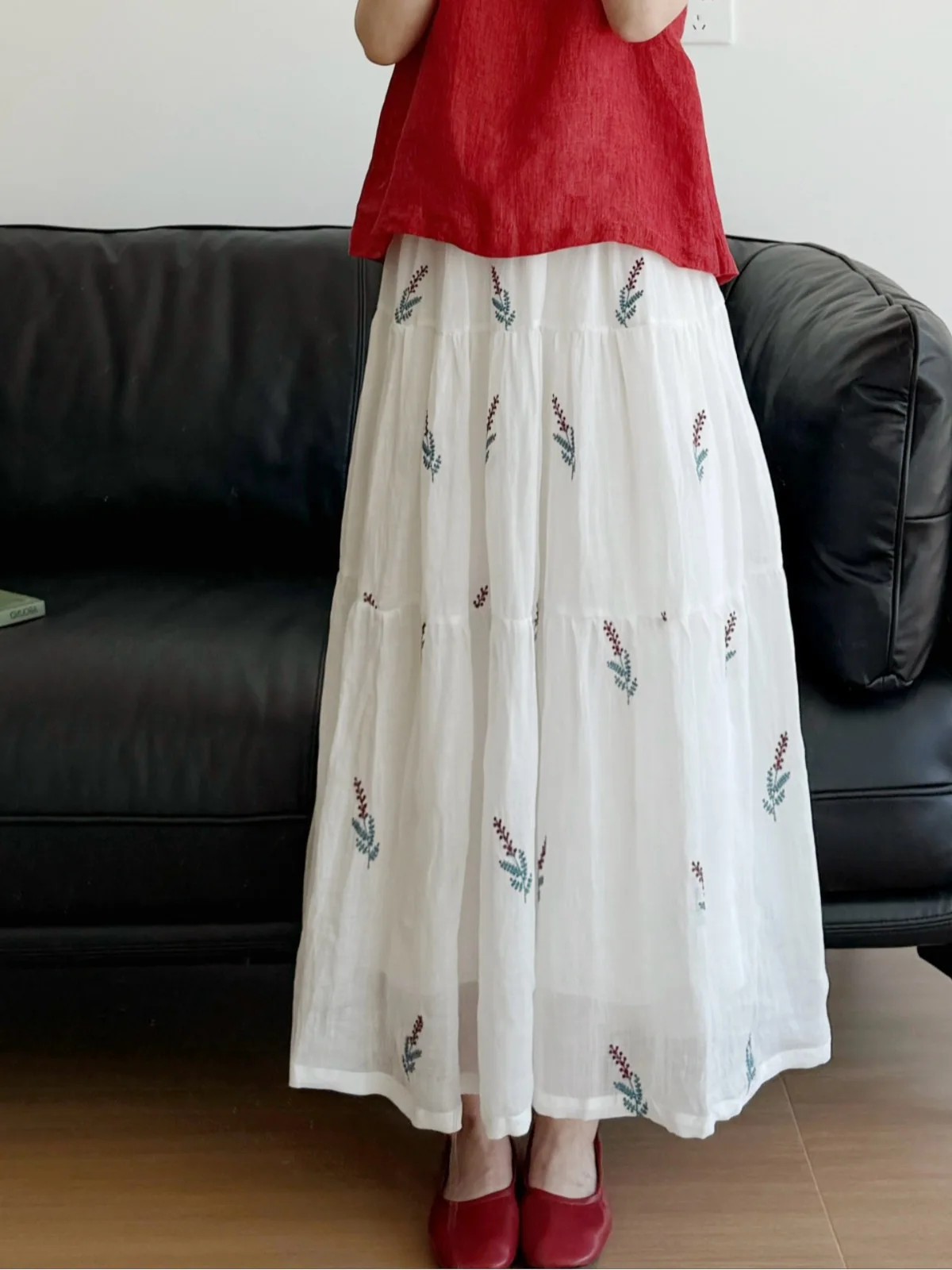 

Summer Women's A-Line Midi Skirt Embroidered Flax Slimming Cake Skirt High Waist Loose Fit Floral Pattern f-length Skirt