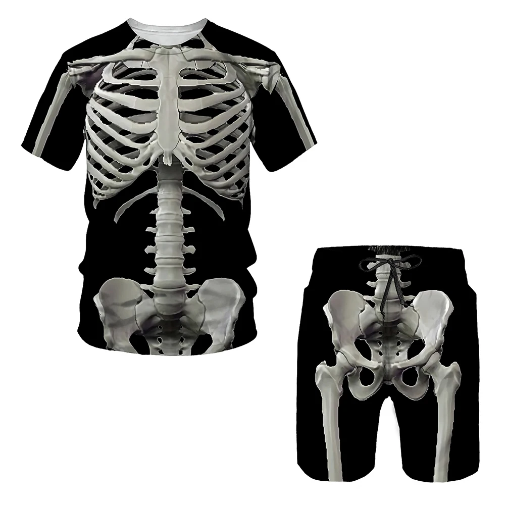 Summer Oversized Streetwear Casual MenT-Shirt Set 3D Printed Horror Skull Bone Design Crewneck Breathable Personality Tracksuit