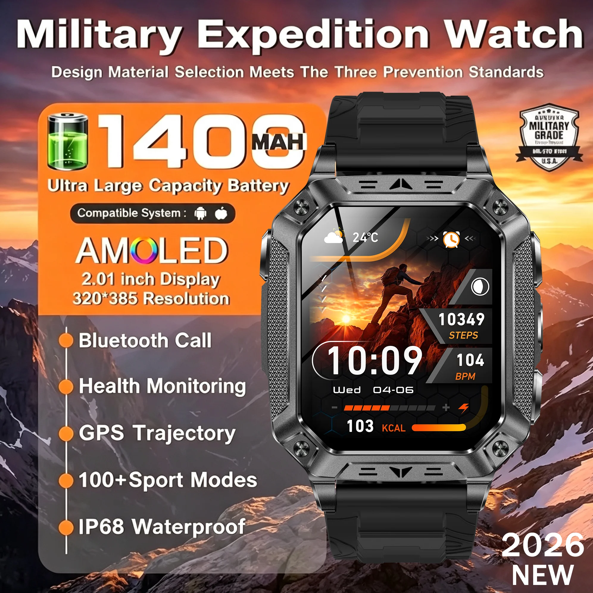 New 1400mAh Big Battery Smart Watch Men Outdoor GPS Flashlight IP68 Waterproof Bluetooth Call AMOLED Military Sports Smartwatch