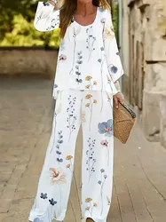 Plus Size 1XL-5XL Women Casual Outfits Set Floral Print Long Sleeve Round Neck Top Pants Outfits Two Piece Set