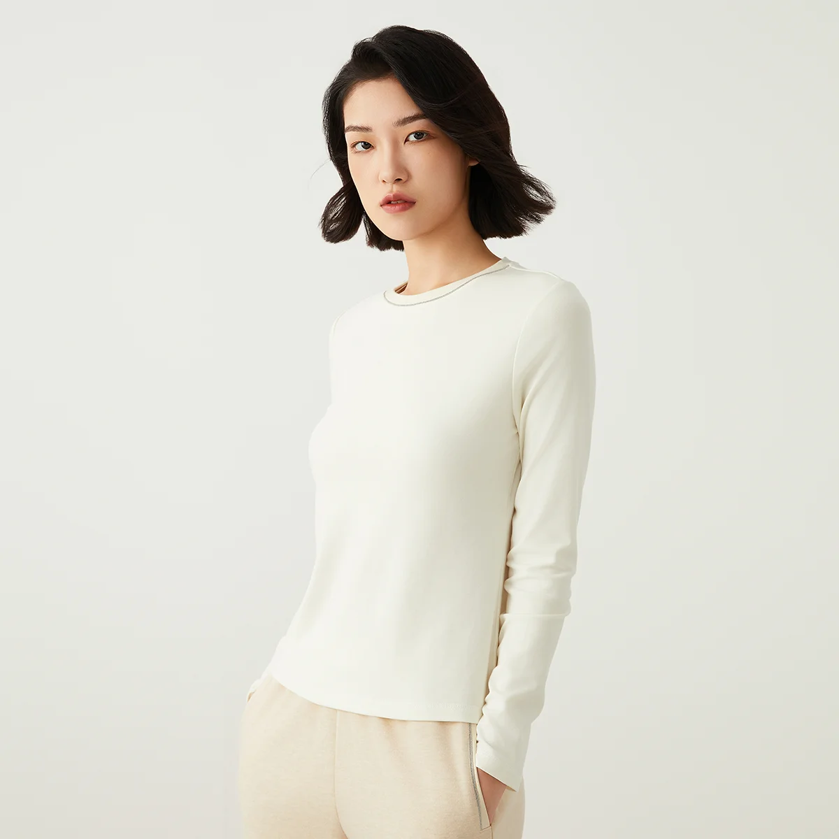 K2565W Tencel wool base layer shirt round neck white long sleeve thin t-shirt high quality women