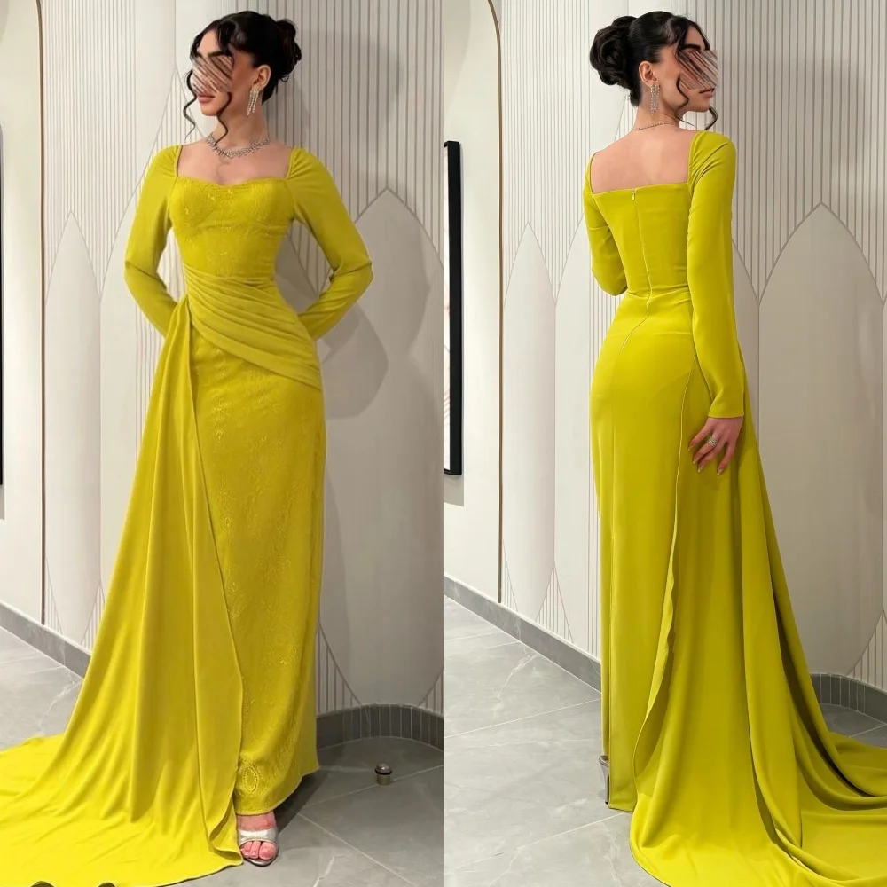 

Индивидуальные современные стильные элегантные трикотажные кружевные плиссированные прямые длинные платья с квадратным вырезом, платья на заказ, доступны размеры