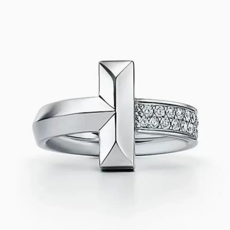 

Sterling Silver T-Shape Band Ring with Pavé-Set Diamond Accents