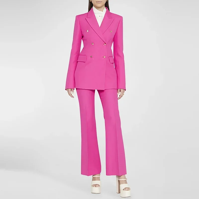 

Pink Women Suits Pants Set Jacket+Flare Trousers Female Spring Office Lady Business Work Wear Double Breasted Coat Prom Dress