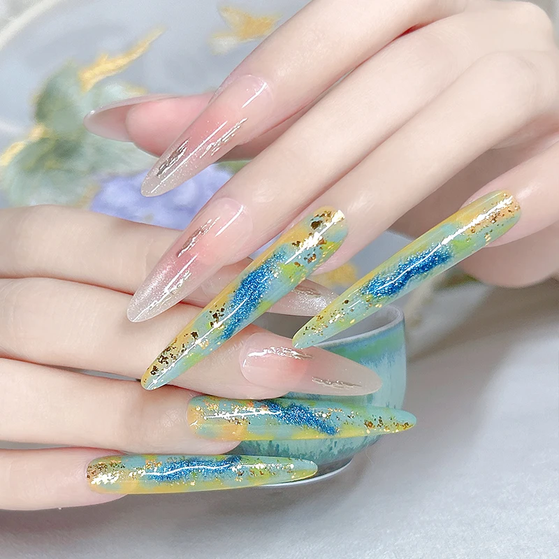 14개(긴 것 4개+짧은 것 10개) 수제 잉크-워시 리티니 네일 세트 행사용 반짝이는 예술적 디자인(인기 있는 키트보다 우수함)