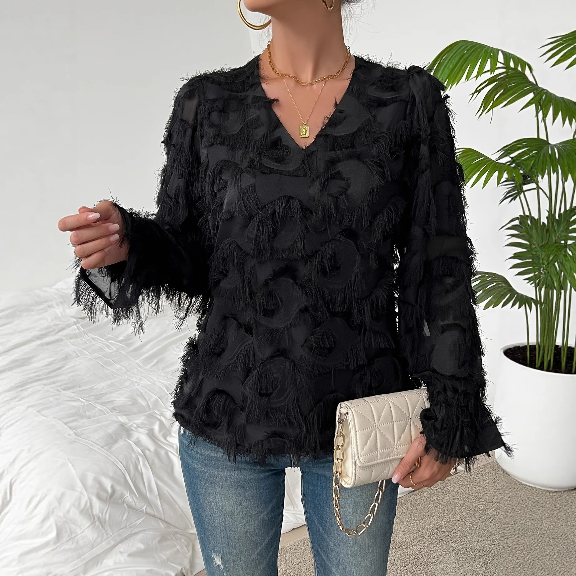 Spring Autumn New Women's Fringe V Neck Long Sleeve T Shirt Loose Slimming Comfort Casual Versatile Commute Elegant Designer Top