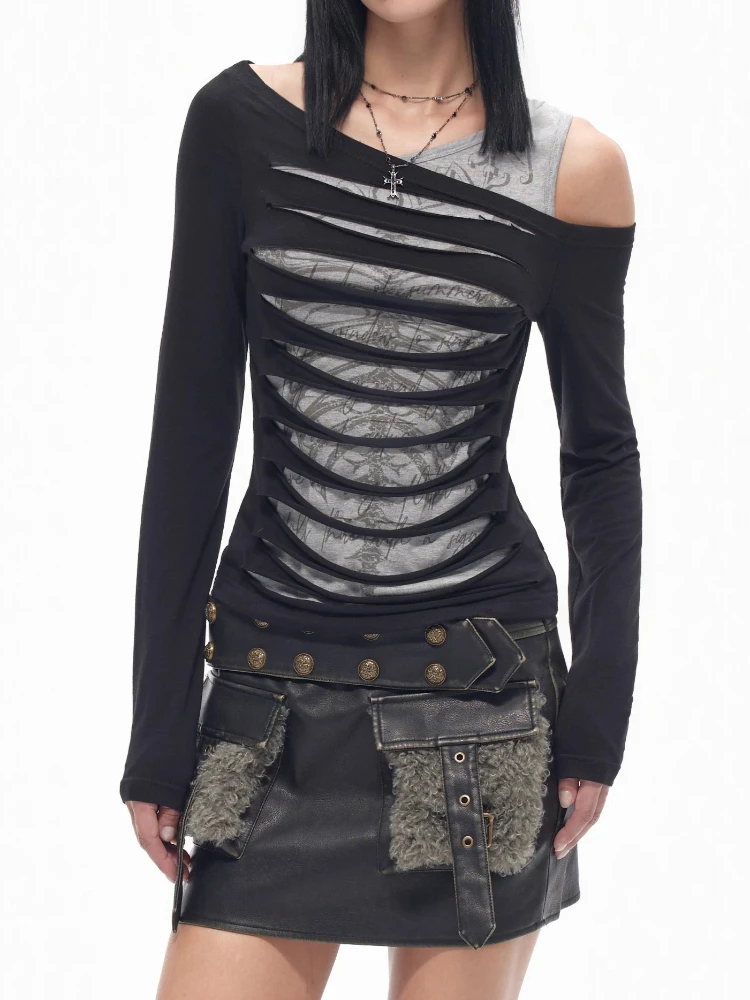 American Retro Hollow Stripe Fake Two Piece T-shirt Women Y2k Harajuku Off Shoulder Slim Tees Winter Vintage Fashion Tops New
