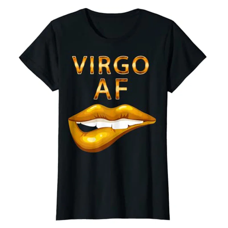 

Womens Virgo Af Gold Sexy Lip Birthday T-Shirt Y2k Top Black Woman Graphic Tee Streetwear Grunge Clothes Gift Idea