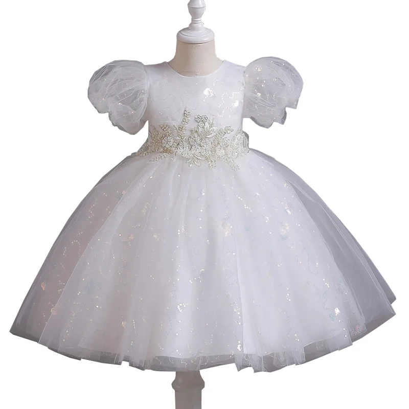 Vestido de noche de malla con manga de burbuja para niña, pegatina de lentejuelas de mariposa, Princesa, Día de los niños, Navidad, boda, flores, verano, nuevo