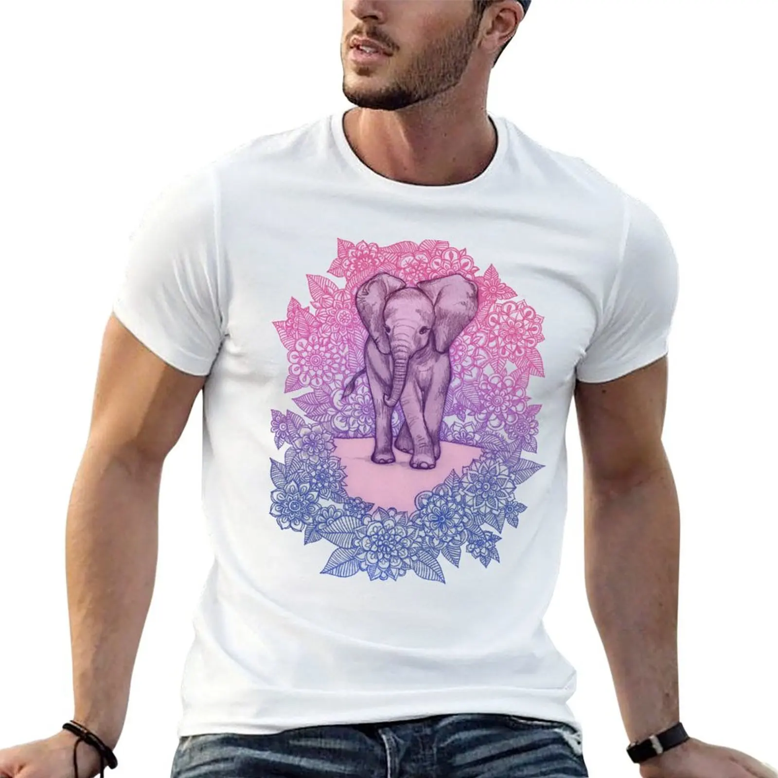 Cute Baby Elephant in pink, purple & blue T-Shirt anime t shirts for man t shirt man plain funny t shirts cotton T-shirt