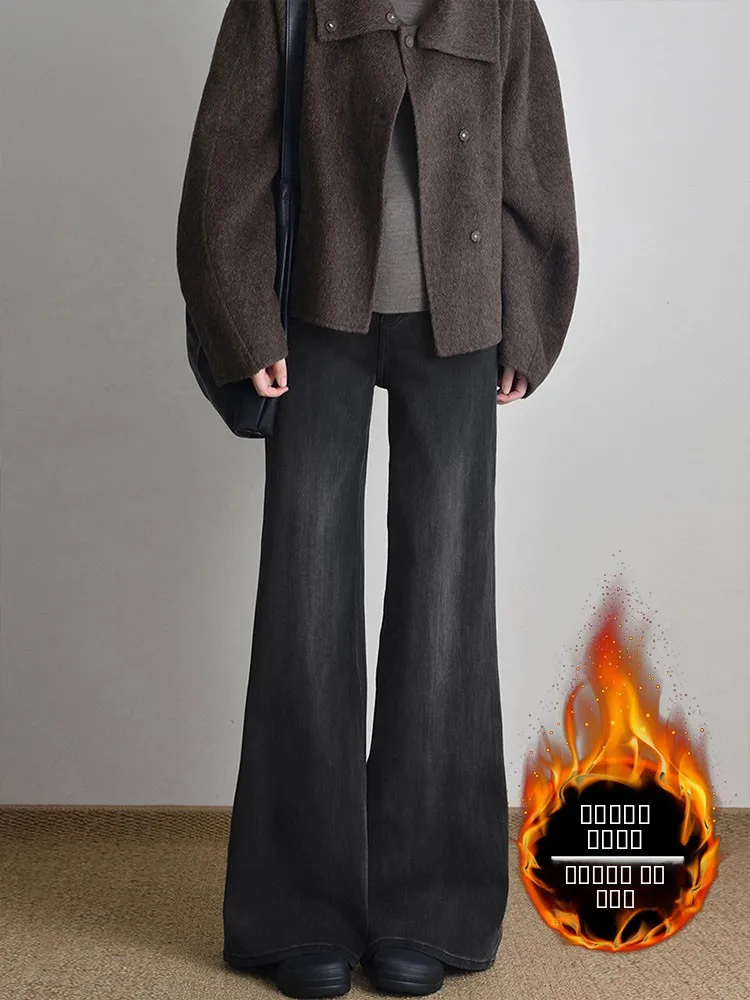 

Джинсы женские прямого кроя больших размеров, свободные, на подкладке, с широкими штанинами, осенне-зимние, облегающие, деним, расклешенные